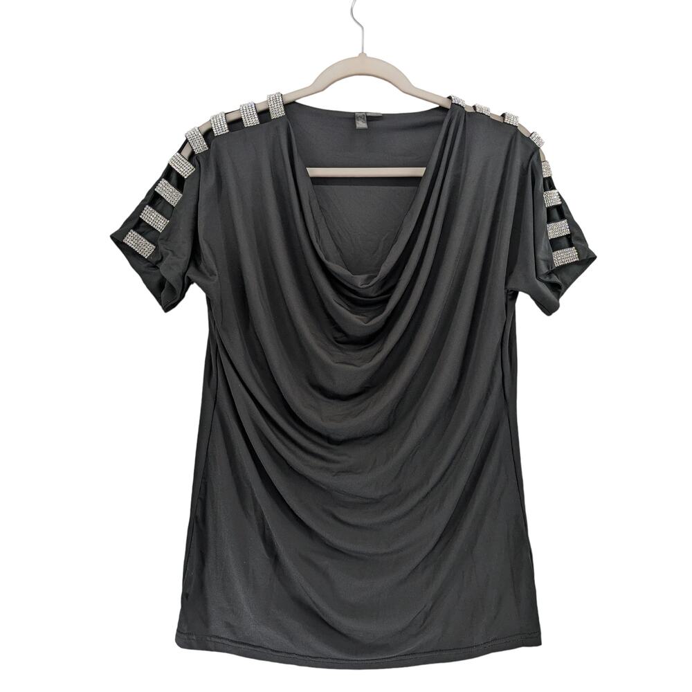 Ethyl Draped Front Top XS Black Rhinestones Cutout Sleeve Clubwear Concert Top